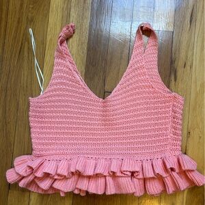 Mustard Seed Coral Knit Crop Top with Ruffle Hem